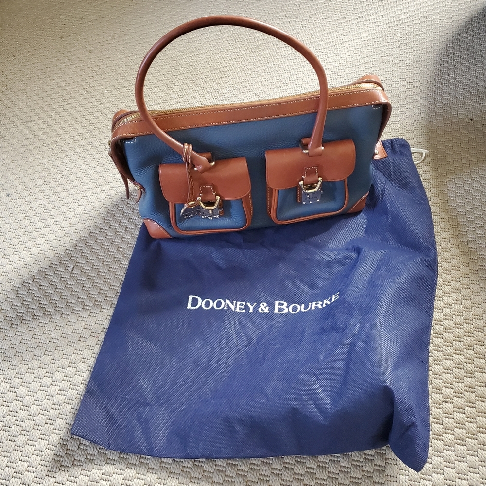 Vintage 90s Dooney & Bourke Pebble Leather Double Pocket Satchel Blue/Brown
